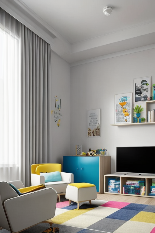 Children's room in a clean style, with scrambled colors, in the style of superheroes
, Living Room, Modern design, clean lines, geometric shapes, neutral colour panel, simplicity and functionality, use of glass, steel, concrete