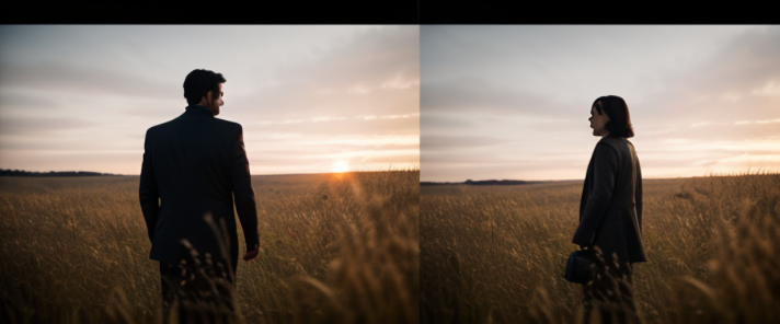 Close up, night time, dark studio, rim lighting, two The result is: "John Wick with his wife captured in a golden hour, standing in a field surrounded by tall grass, with a shallow depth of field and a warm, monochromatic color scheme."tone lighting, dimly lit, Afternoon