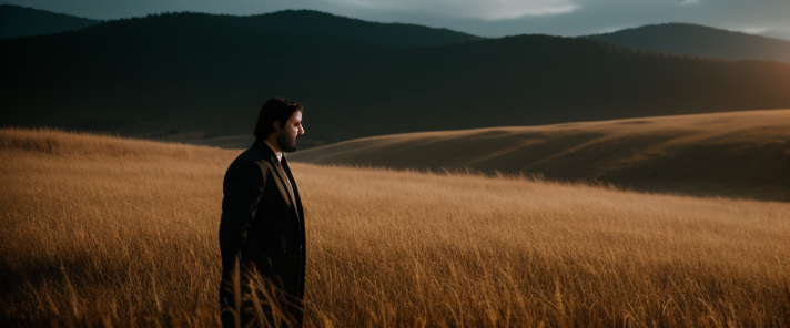 Close up, night time, dark studio, rim lighting, two The result is: "John Wick with his wife captured in a golden hour, standing in a field surrounded by tall grass, with a shallow depth of field and a warm, monochromatic color scheme."tone lighting, dimly lit, Afternoon