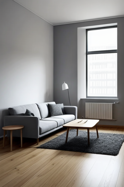 Living Room, Minimalist design, simple lines, limited furniture, open floor, natural light, uncluttered space