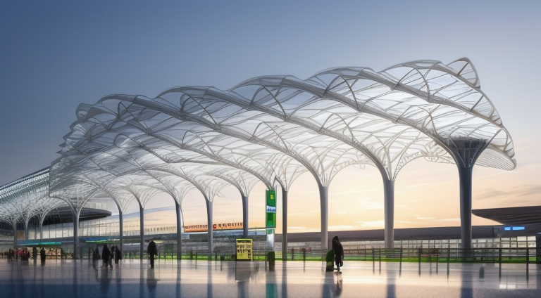 Airport designed by Norman Foster, Parametric Architecture, in the morning