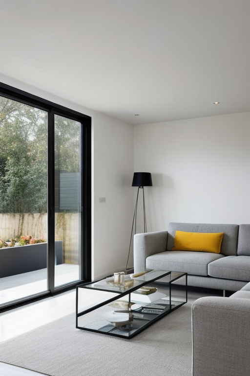Living Room, Modern design, clean lines, geometric shapes, neutral colour panel, simplicity and functionality, use of glass, steel, concrete