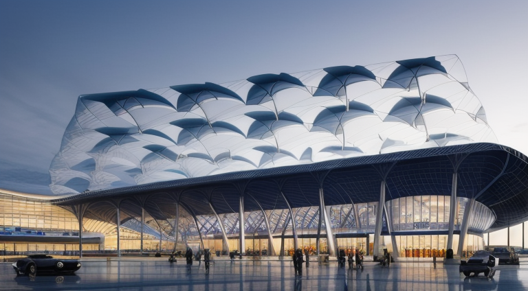 Airport designed by Norman Foster, Parametric Architecture, in the morning