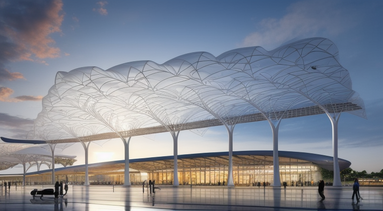Airport designed by Norman Foster, Parametric Architecture, in the morning
