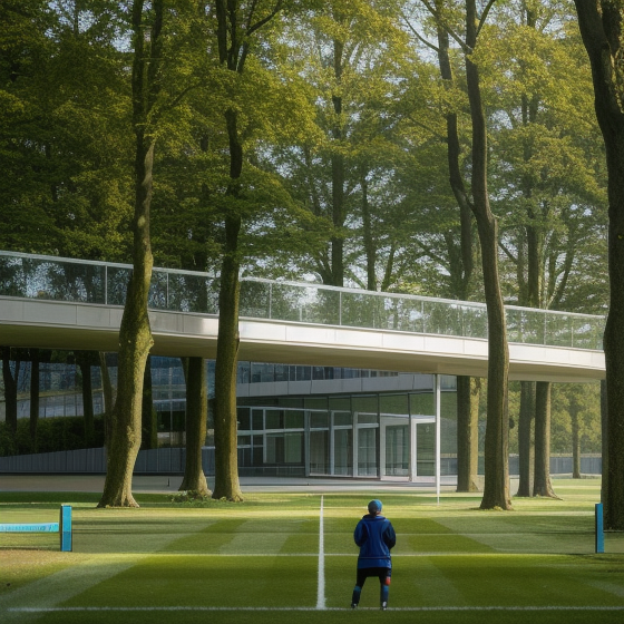 SPORTS CAMPUS in a field, designed by Mies Van der Rohe, in the morning,  view normal horizon
