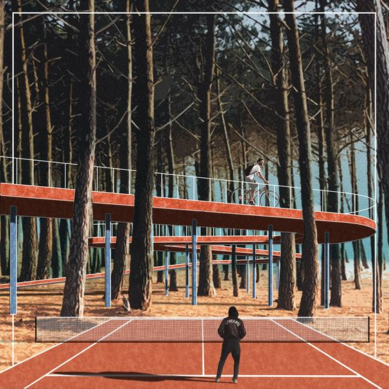 SPORTS CAMPUS in a field, designed by Mies Van der Rohe, in the morning,  view normal horizon