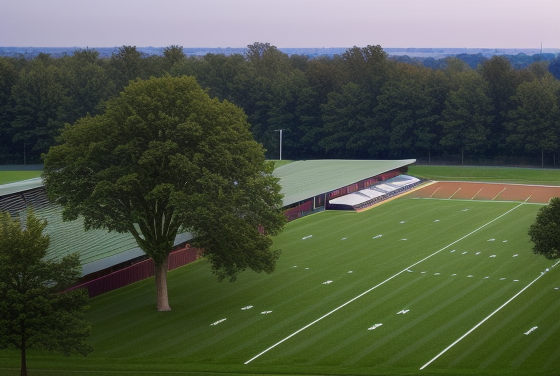SPORTS CAMPUS in a field, designed by Mies Van der Rohe, in the morning,  view normal horizon