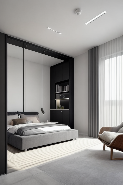 Bedroom, Modern design, clean lines, geometric shapes, neutral colour panel, simplicity and functionality, use of glass, steel, concrete