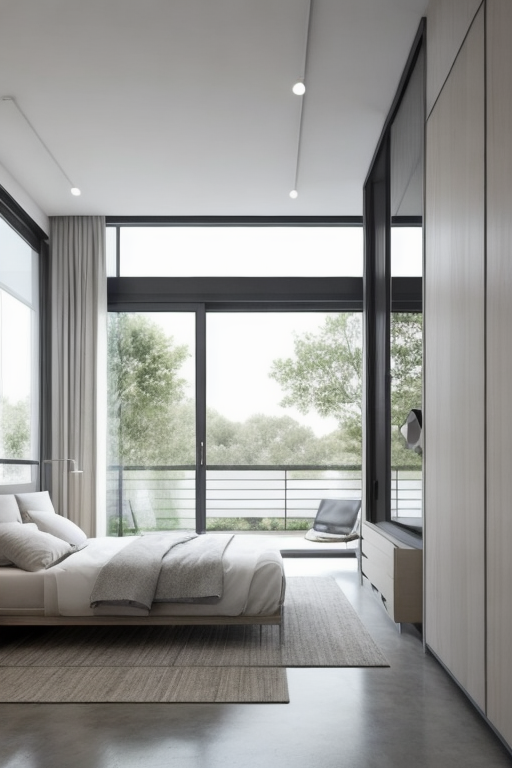 Bedroom, Modern design, clean lines, geometric shapes, neutral colour panel, simplicity and functionality, use of glass, steel, concrete