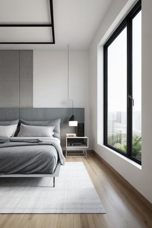 Bedroom, Modern design, clean lines, geometric shapes, neutral colour panel, simplicity and functionality, use of glass, steel, concrete