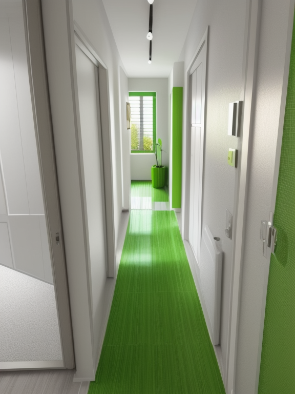 Design a modern looking hallway with lots of green and some pictures, Balcony, Modern design, clean lines, geometric shapes, neutral colour panel, simplicity and functionality, use of glass, steel, concrete