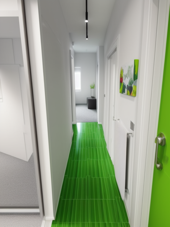 Design a modern looking hallway with lots of green and some pictures, Balcony, Modern design, clean lines, geometric shapes, neutral colour panel, simplicity and functionality, use of glass, steel, concrete