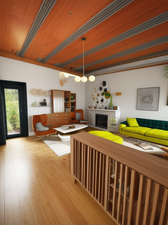 Living Room, Mid Century design, organic shapes, mixed materials such wood, glass and metal, bold colours, retro and futuristic elements, iconic design from mid-20th century, country house