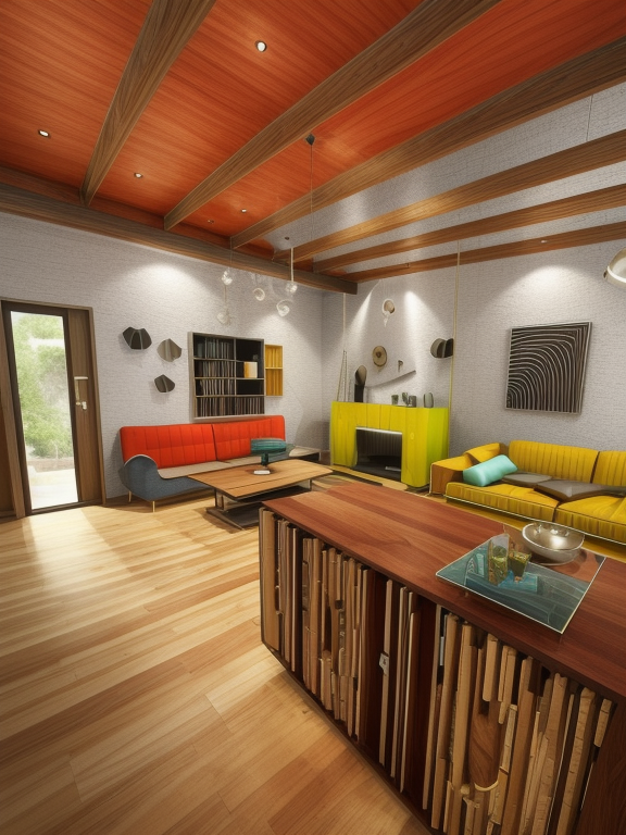 Living Room, Mid Century design, organic shapes, mixed materials such wood, glass and metal, bold colours, retro and futuristic elements, iconic design from mid-20th century, country house