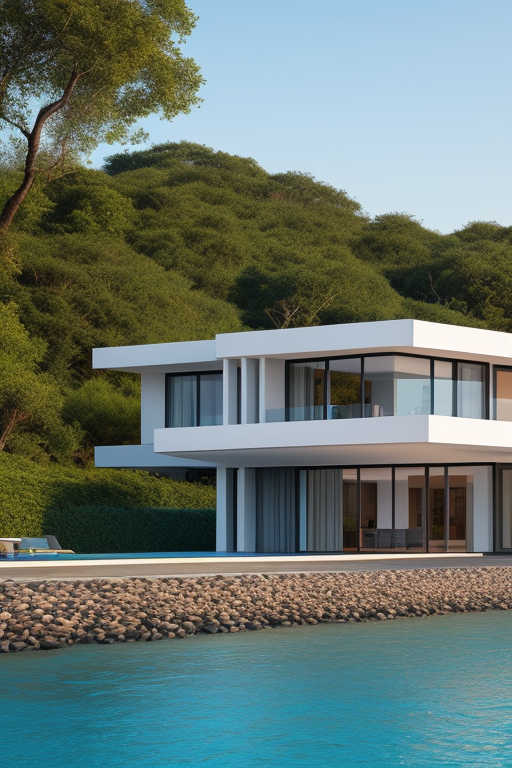 Villa, Modern Architecture, in the morning, in the ocean