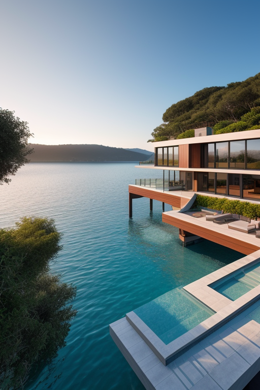 Villa, Modern Architecture, in the morning, in the ocean