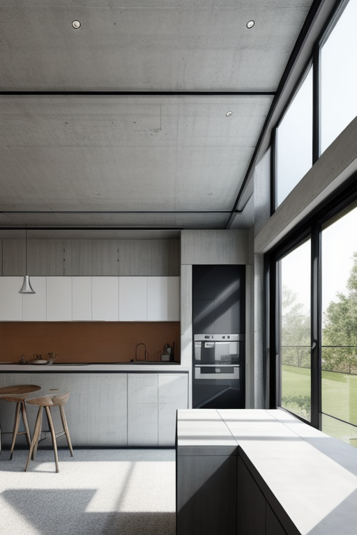 Modern design, clean lines, geometric shapes, neutral colour panel, simplicity and functionality, use of glass, steel, concrete, Kitchen