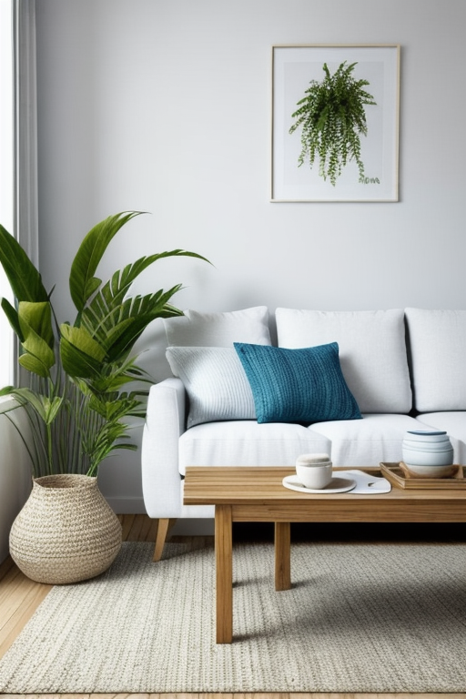 Living Room, Coastal design, light and breezy atmosphere, self colour palette, white and blue, natural textures, jute, bamboo, green plants, relaxed, casual feel, light fabrics curtains