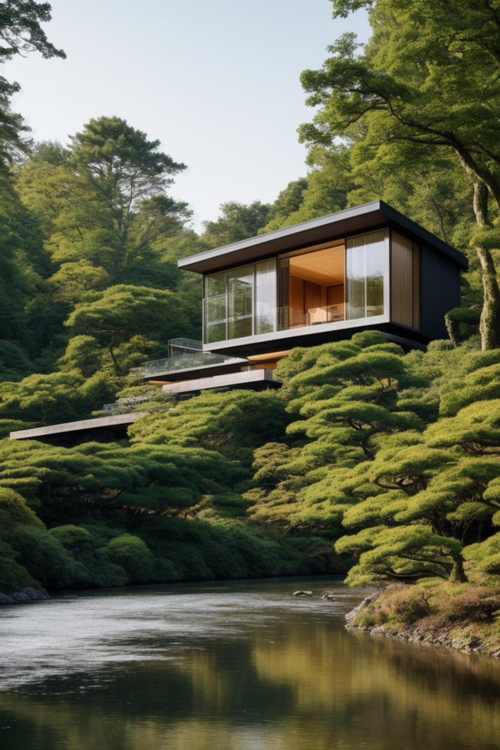 designed by Mies Van der Rohe, Villa, Japanese architecture, in the morning, in the forest, on a small river, concrete and glass