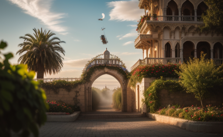 (Extremely detailed floating city:1.3), ((1 detailed mirage-castle floats above the clouds)and(Detailed floats minarets illusion, detailed floats belfry illusion)and(Highly transparent mirage)and(Detailed view of the base of the Mirage castle)),ultra-detailed,extremely detailed and beautiful, sky and white cloud and sunset glow background,ultra-detailed birds, (floating city in bloom, Floating petals, blooming gardens in the sky,  many vines on the wall:1.2)Imagination, dream/=1 girl, (1 girl at floating city:1.3), (solo), (Super wide Angle lens), (back), behind head, white dress, (full body), (bare feet), (Backless dress), the girl away from camera, Holy Light,, Wide, Afternoon