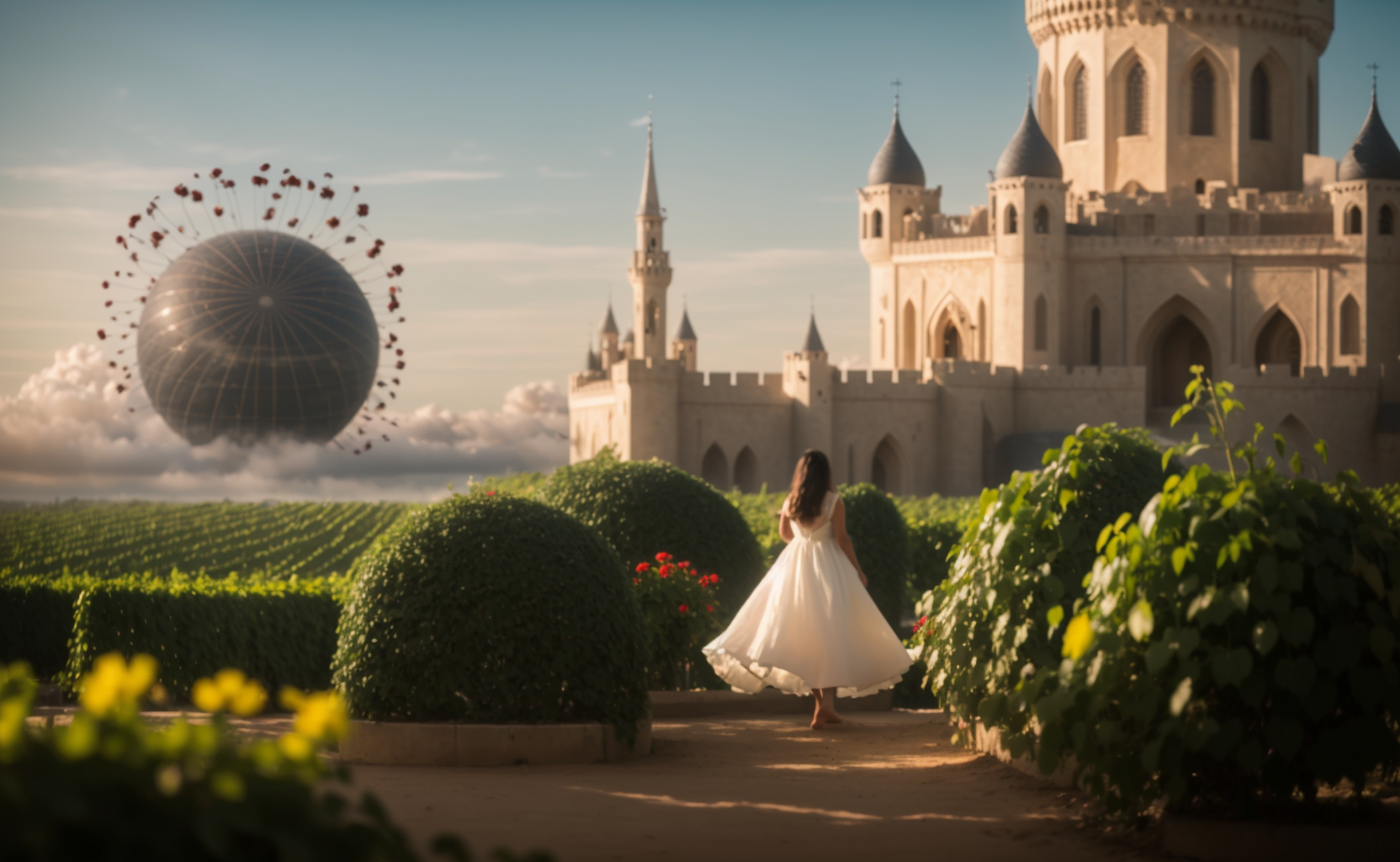 (Extremely detailed floating city:1.3), ((1 detailed mirage-castle floats above the clouds)and(Detailed floats minarets illusion, detailed floats belfry illusion)and(Highly transparent mirage)and(Detailed view of the base of the Mirage castle)),ultra-detailed,extremely detailed and beautiful, sky and white cloud and sunset glow background,ultra-detailed birds, (floating city in bloom, Floating petals, blooming gardens in the sky,  many vines on the wall:1.2)Imagination, dream/=1 girl, (1 girl at floating city:1.3), (solo), (Super wide Angle lens), (back), behind head, white dress, (full body), (bare feet), (Backless dress), the girl away from camera, Holy Light,, Wide, Afternoon