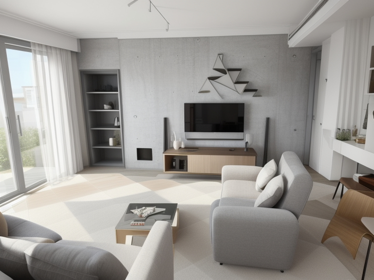 Living Room, Modern design, clean lines, geometric shapes, neutral colour panel, simplicity and functionality, use of glass, steel, concrete
