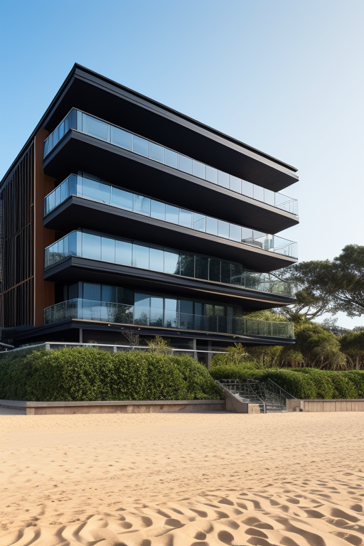 black modern, designed by Renzo Piano, Post-Modern Architecture, in the morning, on the beach