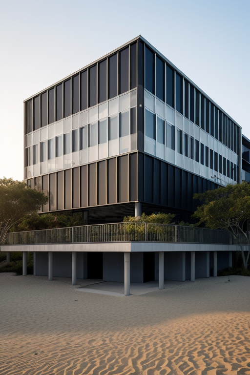 black modern, designed by Renzo Piano, Post-Modern Architecture, in the morning, on the beach