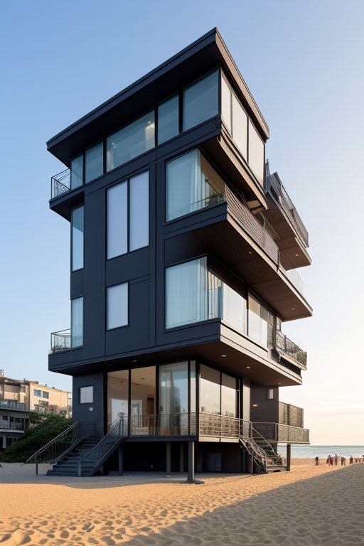 black modern, designed by Renzo Piano, Post-Modern Architecture, in the morning, on the beach, Townhouse, designed by I.M. Pei