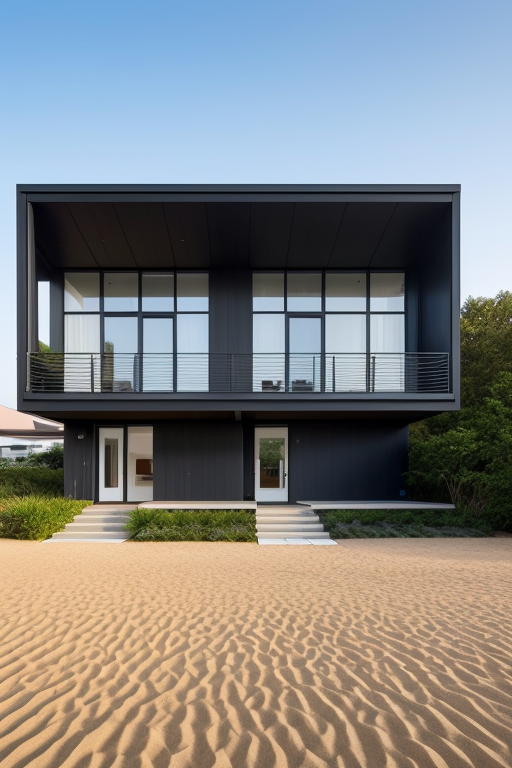 black modern, designed by Renzo Piano, Post-Modern Architecture, in the morning, on the beach, Townhouse, designed by I.M. Pei