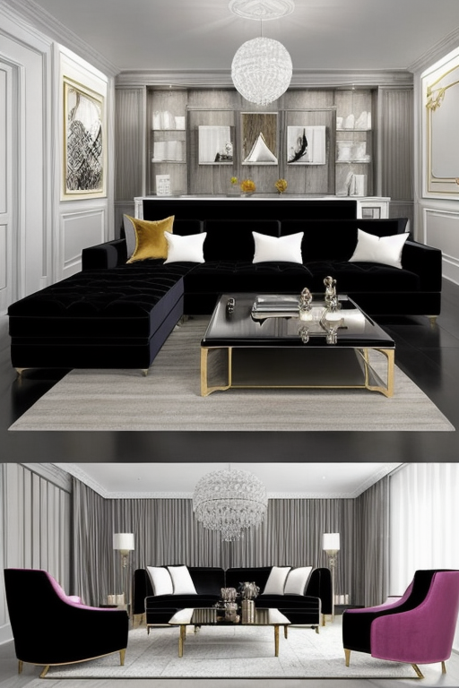 Architectural design of an interior design studio , Living Room, Hollywood Glam design, glamorous and lavish, bold and luxurious colours, black, silver, mirrored surfaces, velvet and satin fabrics, dramatic atmosphere, indulgence, art-deco inspired