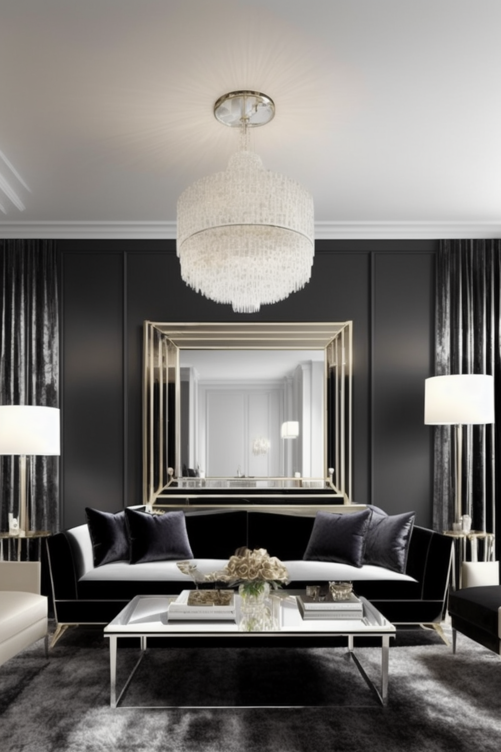Architectural design of an interior design studio , Living Room, Hollywood Glam design, glamorous and lavish, bold and luxurious colours, black, silver, mirrored surfaces, velvet and satin fabrics, dramatic atmosphere, indulgence, art-deco inspired