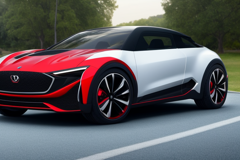 Car, White, small but sporty, red and black details, small headlights, big wheels