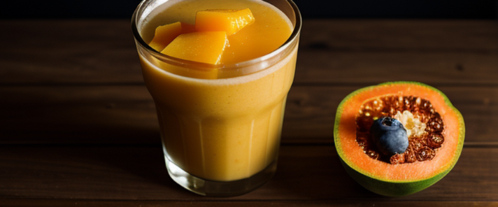 Cantaloupe, Papaya, and Mango Blend", A tantalizing fusion of perfectly ripe cantaloupe, sweet tropical papaya, and tangy mango is represented in a display that mixes both realistic and fantastical elements. The dynamic chiaroscuro lighting method accentuates the luscious colors and textures of the fruit, creating an ambiance rich in contrast and depth. Employing split toning and photo-realistic techniques, the image delivers an explosive pigmentation that embodies the vibrant essence of the fruits. The smoky effect infuses the scene with an ethereal aura, contributing to the overall kimoicore atmosphere
