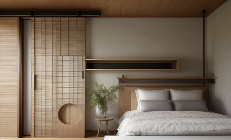 Balcony, Japanese design, serene and minimalist, clean lines, natural materials, wood, stone, neutral colour palette, sliding doors shoji, tatami mats,  Zen garden elements, focus on simplicity and harmony