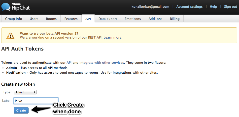 HipChat API Bot - Auth Token
