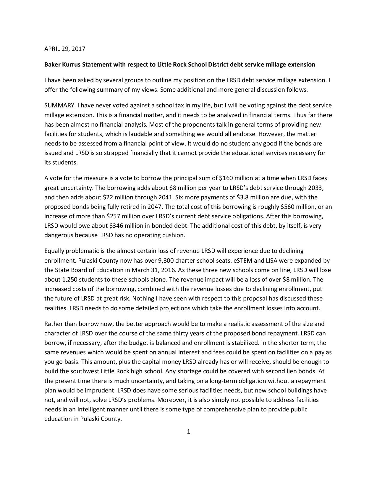 Kurrus Position On May 9 Special Election On Millage Extension The