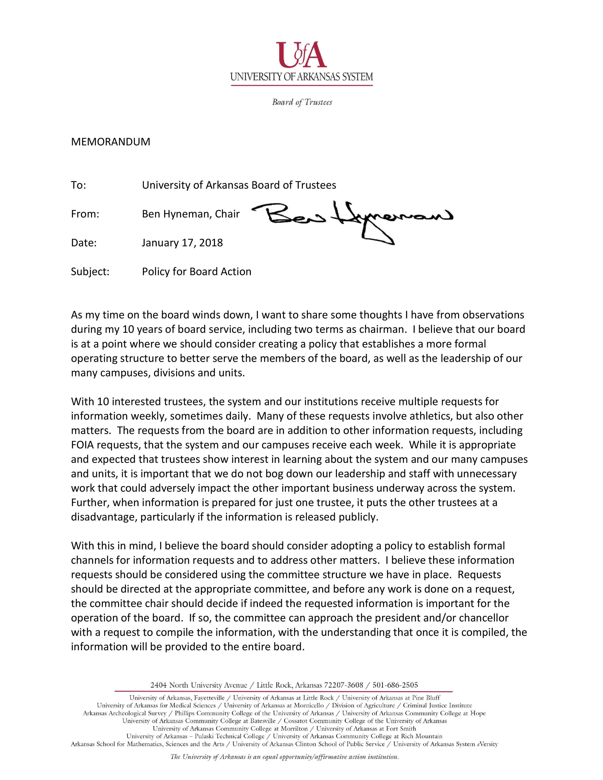 UA board policy change, memo from chair