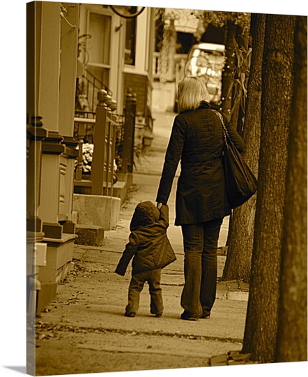 Canvas of Mom and Child Walking Down Sidewalk Photo