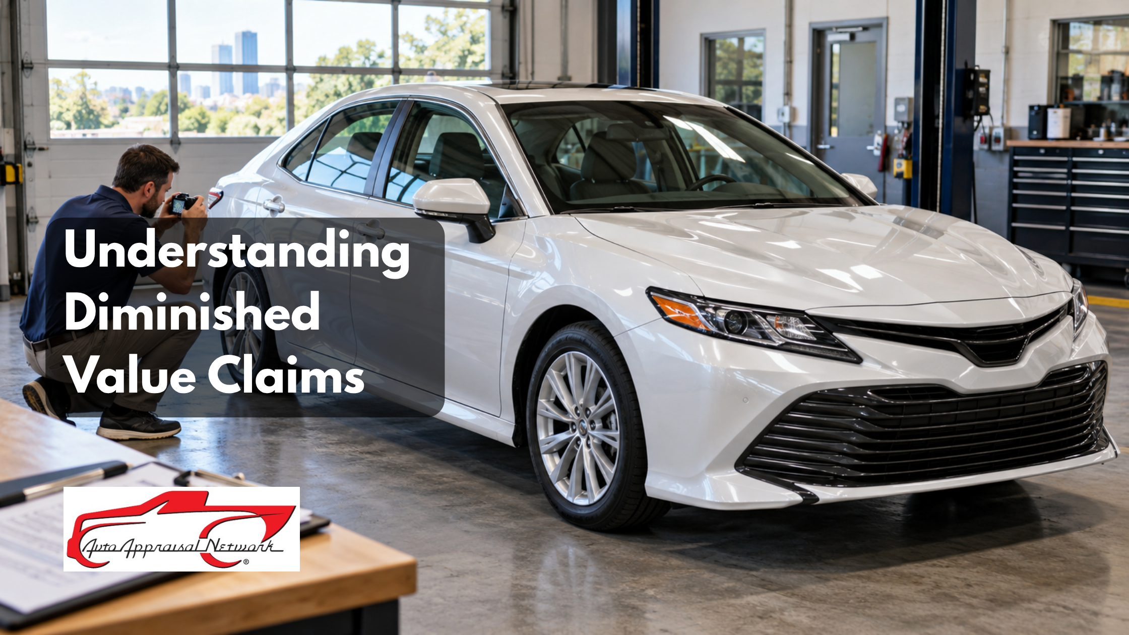Auto appraiser photographing a repaired white sedan during a diminished value inspection.