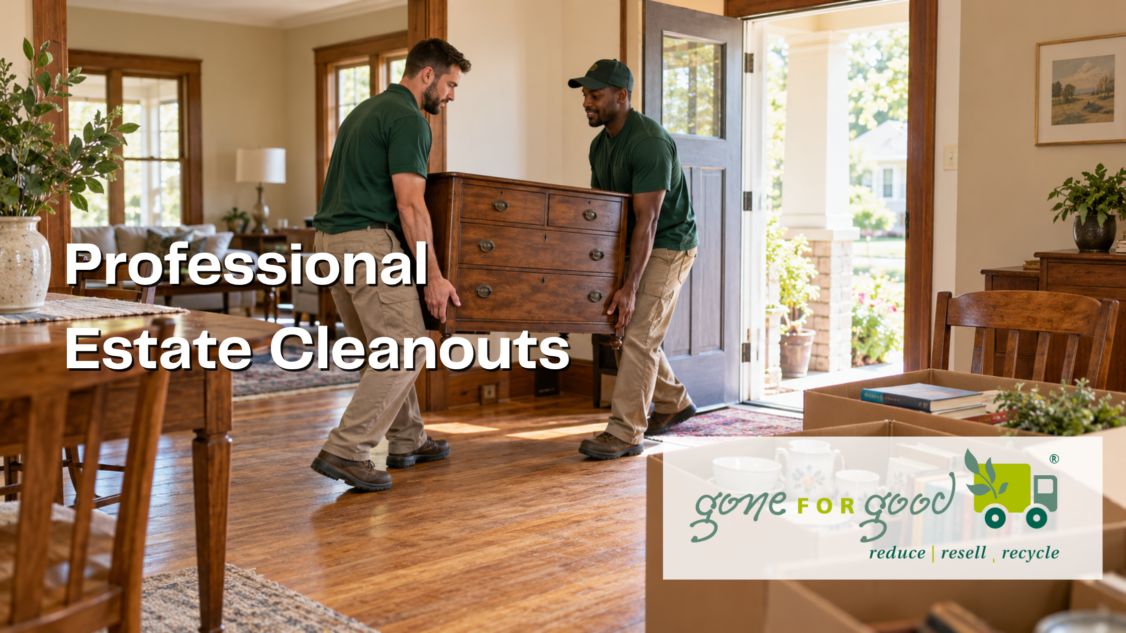 Estate cleanout workers carefully carry a wooden dresser past boxes of books and household items. Estate cleanout workers carefully carry a wooden dresser past boxes of books and household items.