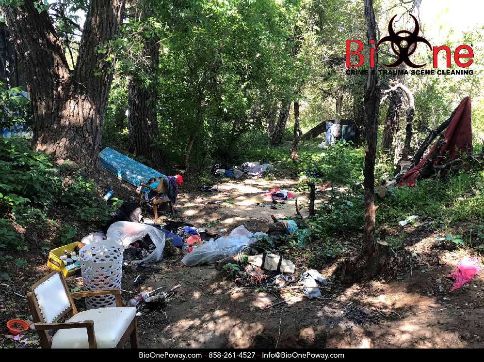 Bio-One Poway - Homeless encampment cleanup garbage debris on site Bio-One Poway - Homeless encampment cleanup garbage debris on site