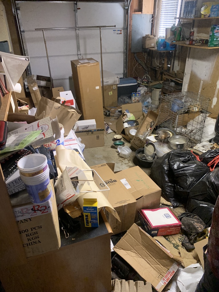 Image shows a garage space filled with clutter and debris, a perfect place for rodents to nest. Image shows a garage space filled with clutter and debris, a perfect place for rodents to nest.