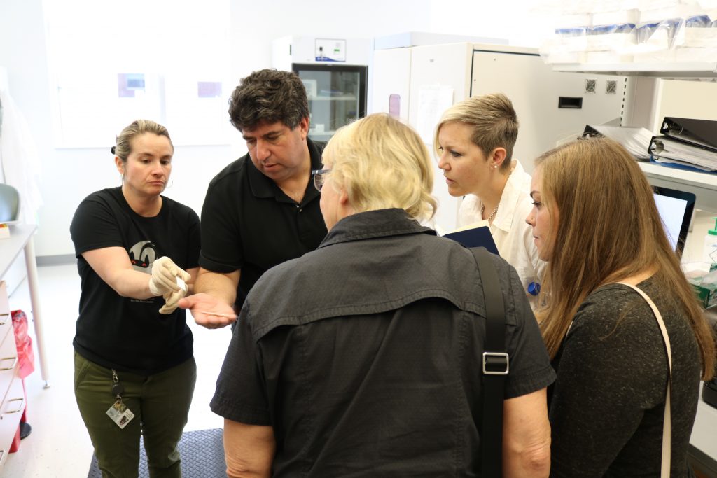 Lyndsay and the Side-Out staff looking at a microscope slide.