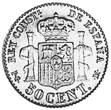 Pièce Espagne 50 Centimos Argent – Alfonso XIII 1894 – 2,54g – KM#703 – PGV