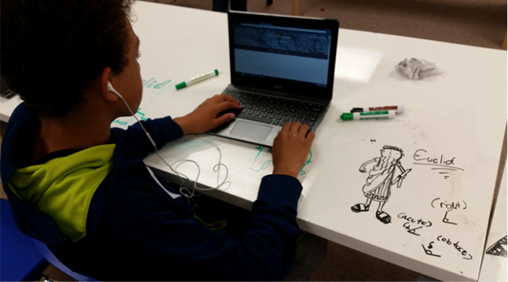 student at a whiteboard table