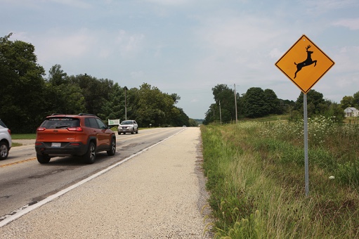 A deer road sign like this one near the busy road alerts motorists that deer may be in the area.
