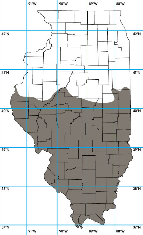 A map of the state of Illinois showing county lines and the latitude and longitude. Dark grey covers a little over half of the state indicating the range of Nine-banded Armadillo in Illinois.