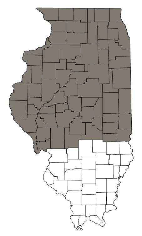 A map of Illinois indicating the distribution range of pheasants in north, central Illinois.