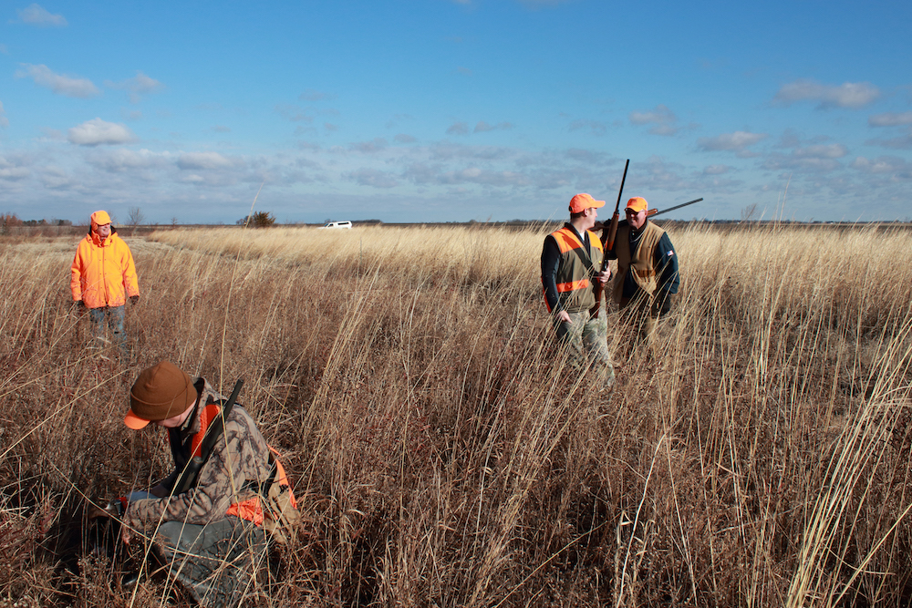 Four hunters in blaze orange gear are walking in a grassland. A blue sky is in the background with a few little clouds scattered along the horizon.
